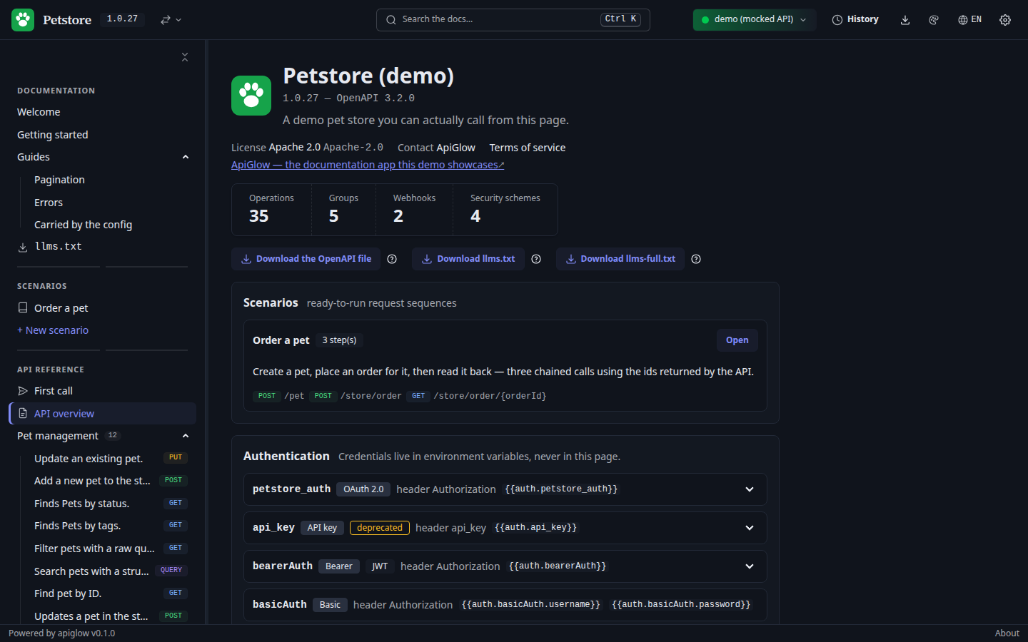 The API overview with its AI surface: download buttons for the OpenAPI file, llms.txt and llms-full.txt above the scenario and authentication summaries.