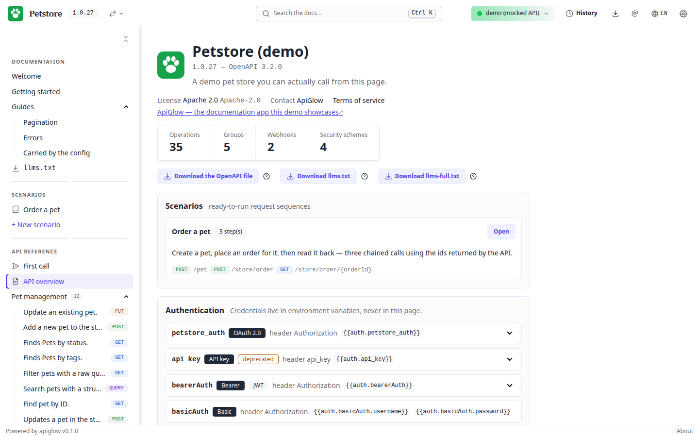 The API overview with its AI surface: download buttons for the OpenAPI file, llms.txt and llms-full.txt above the scenario and authentication summaries.
