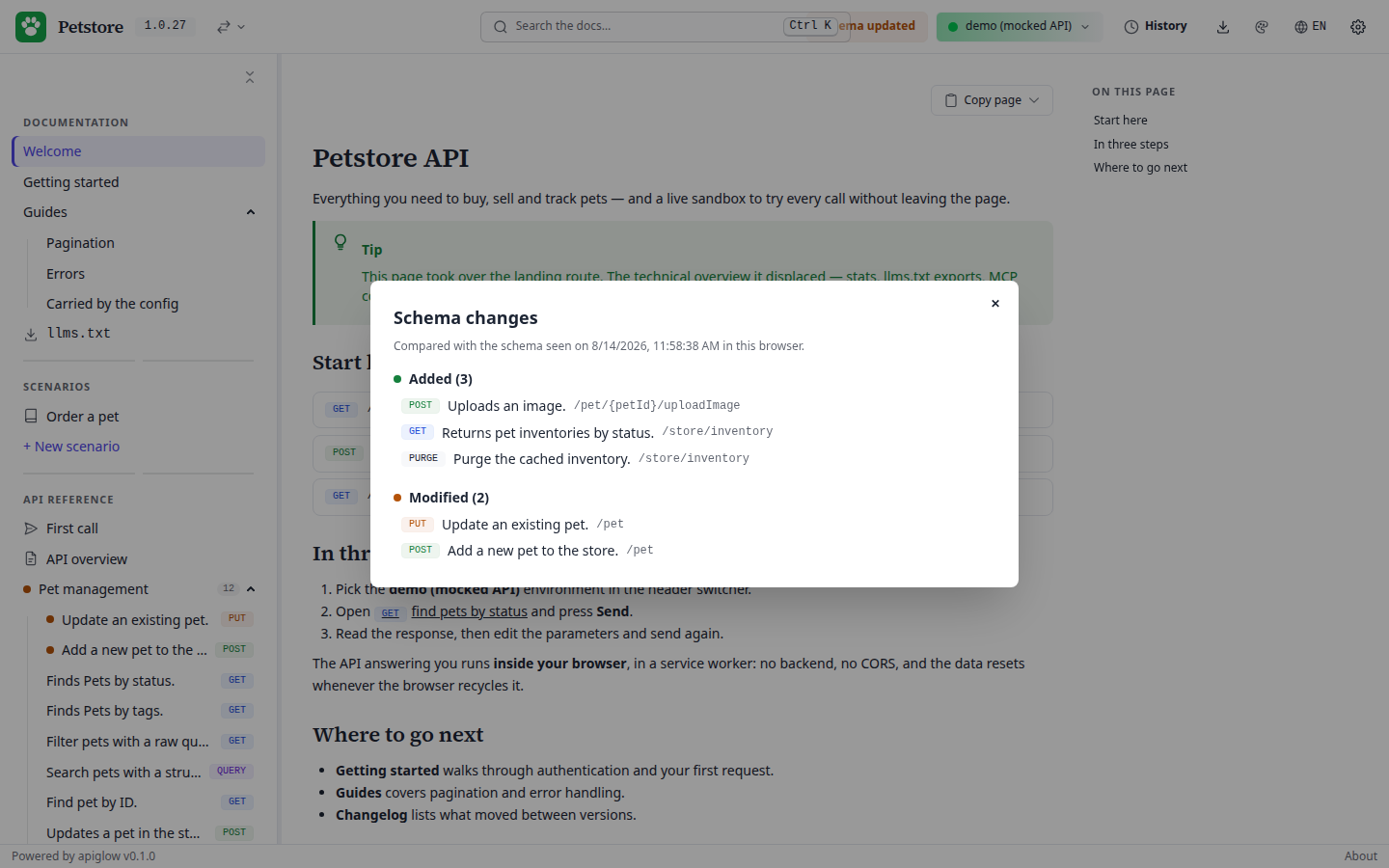 The schema-changes modal after an update: three operations added, two modified, compared with the schema seen on the reader's last visit.