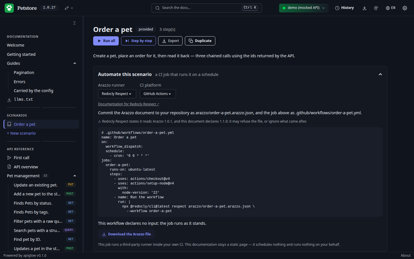 The Automate-this-scenario panel: a compatibility warning about the runner's Arazzo revision, above the generated GitHub Actions job.