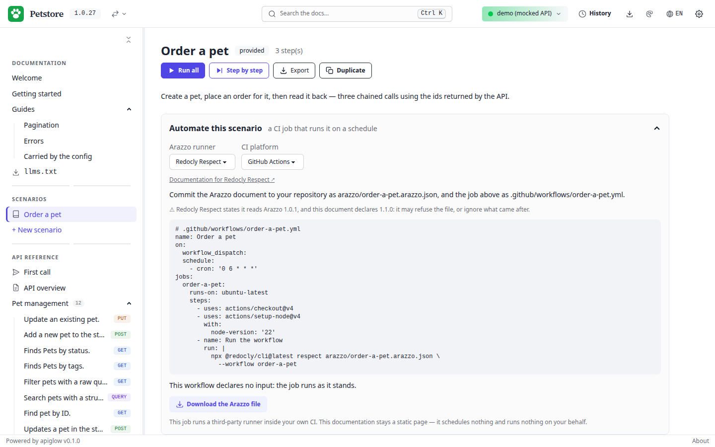 The Automate-this-scenario panel: a compatibility warning about the runner's Arazzo revision, above the generated GitHub Actions job.