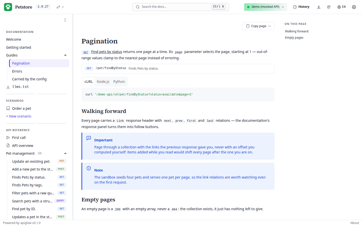 The docs navigation: prose pages and a collapsible group above the API reference, closed by the llms.txt entry.