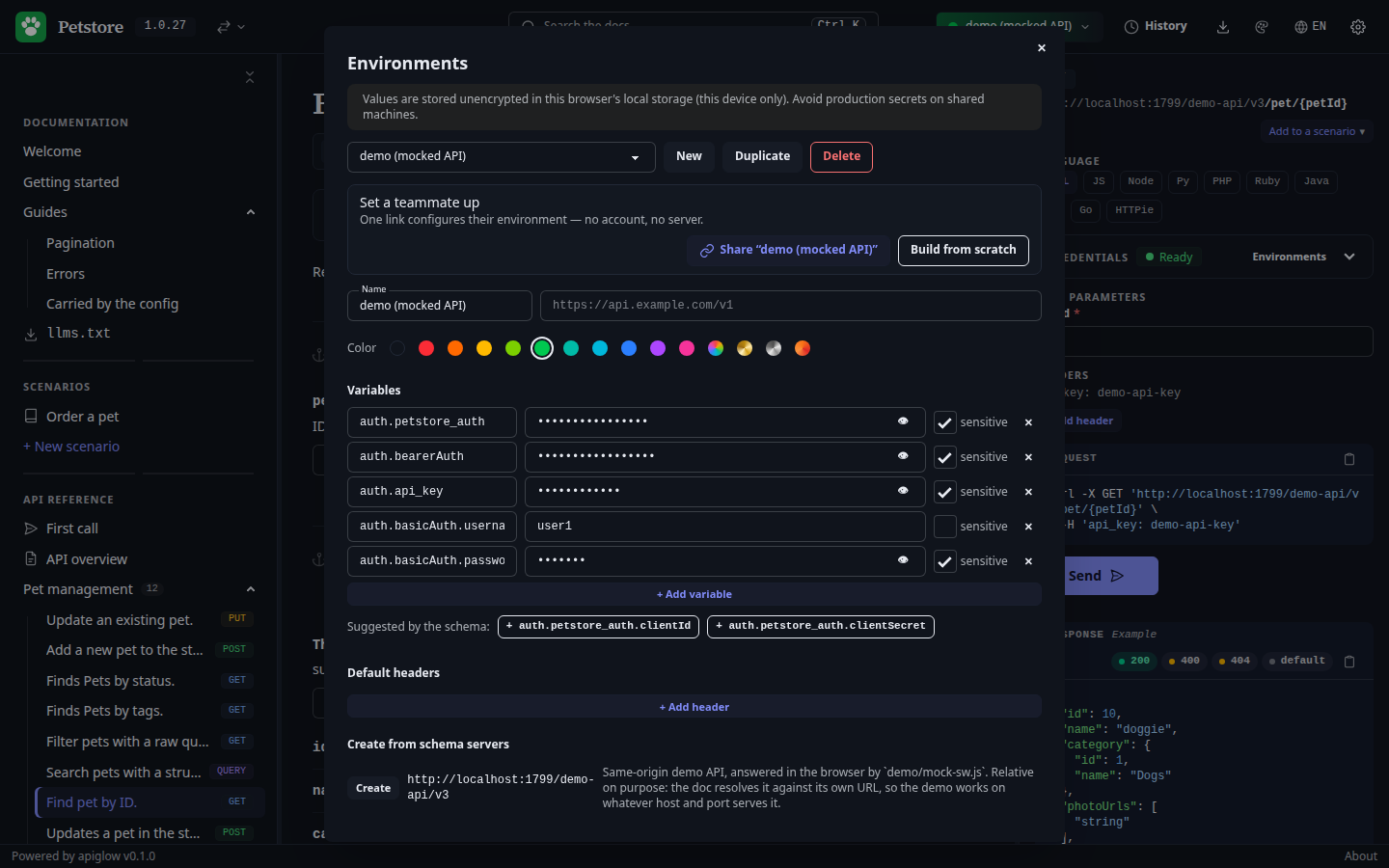 The environment manager: color picker, auth variables masked as sensitive, and one-click creation from the servers declared in the schema.