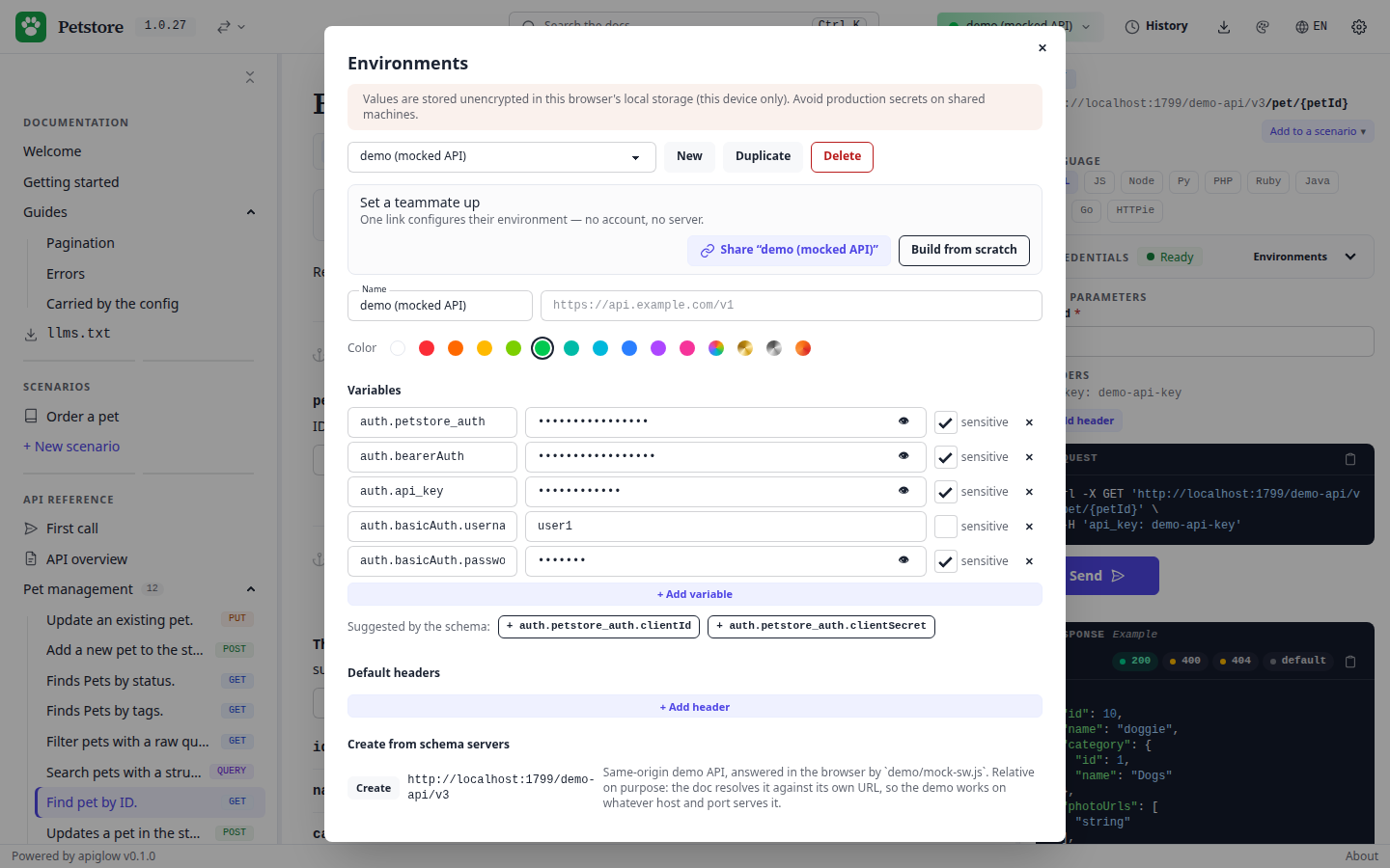 The environment manager: color picker, auth variables masked as sensitive, and one-click creation from the servers declared in the schema.