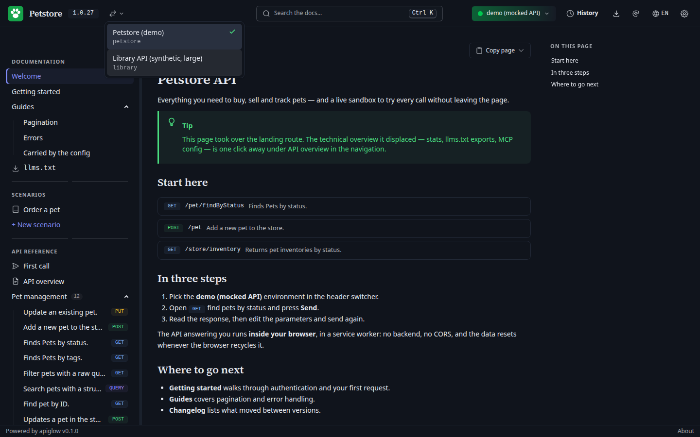 The header spec selector open over two APIs — Petstore (demo) and Library API — with the active one checked.