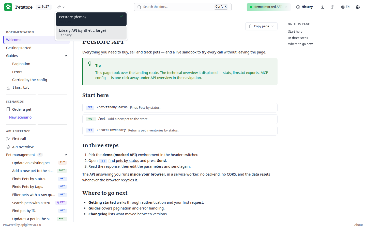 The header spec selector open over two APIs — Petstore (demo) and Library API — with the active one checked.