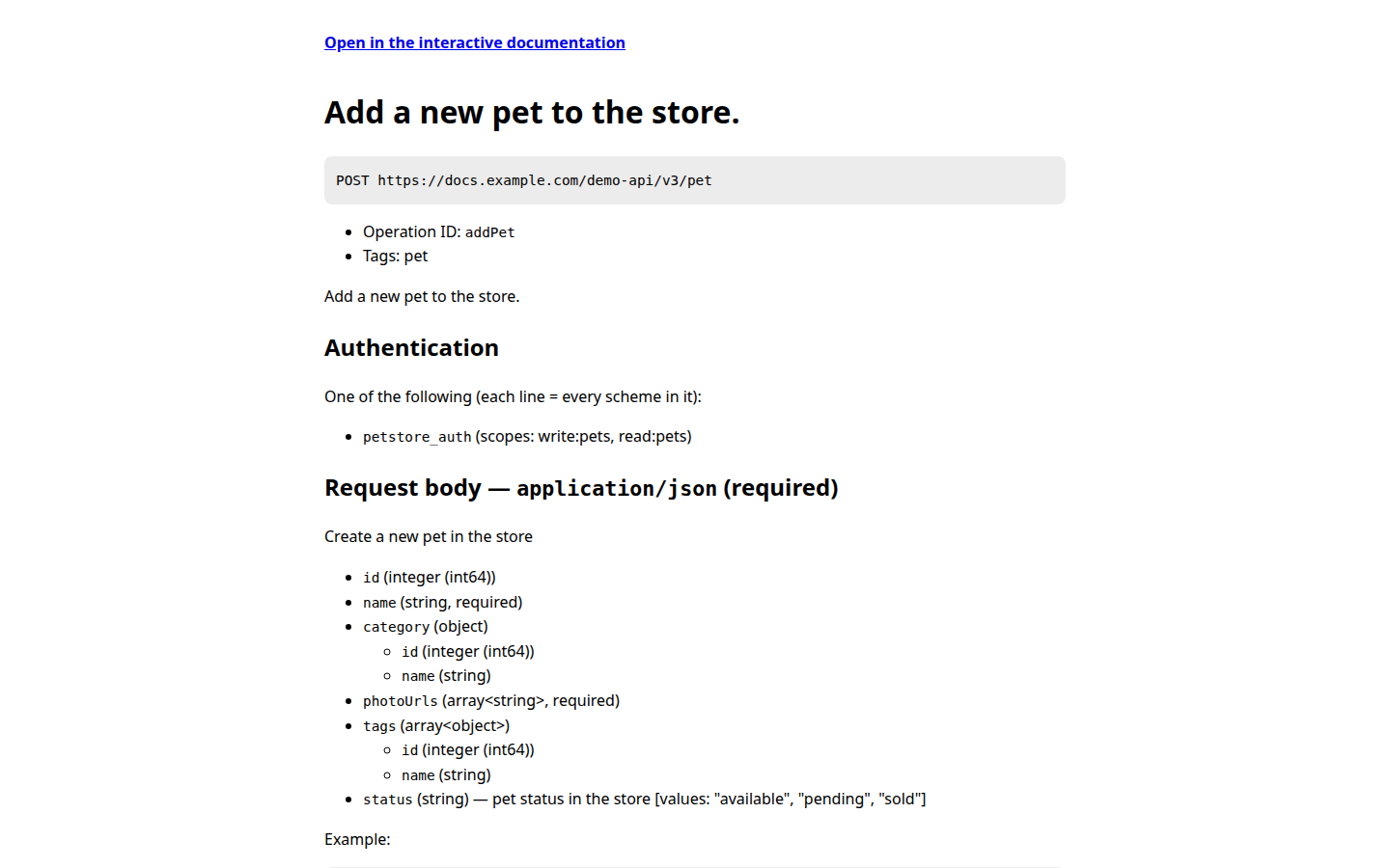 A baked HTML snapshot of an operation page: title, description, the link back to the interactive documentation, and the operation's parameters as plain static content.