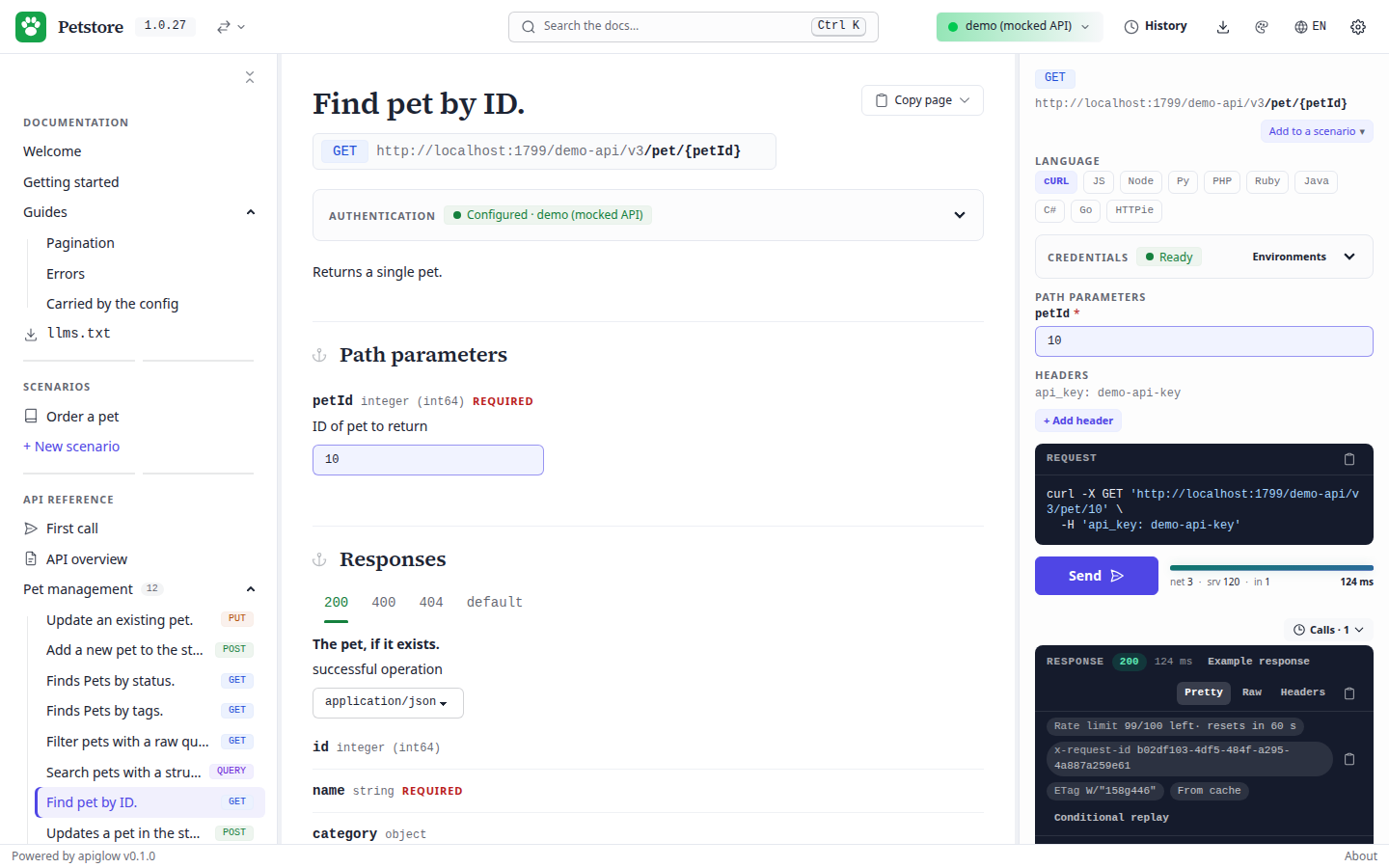 The Send button, the measured request time and the generated cURL snippet.
